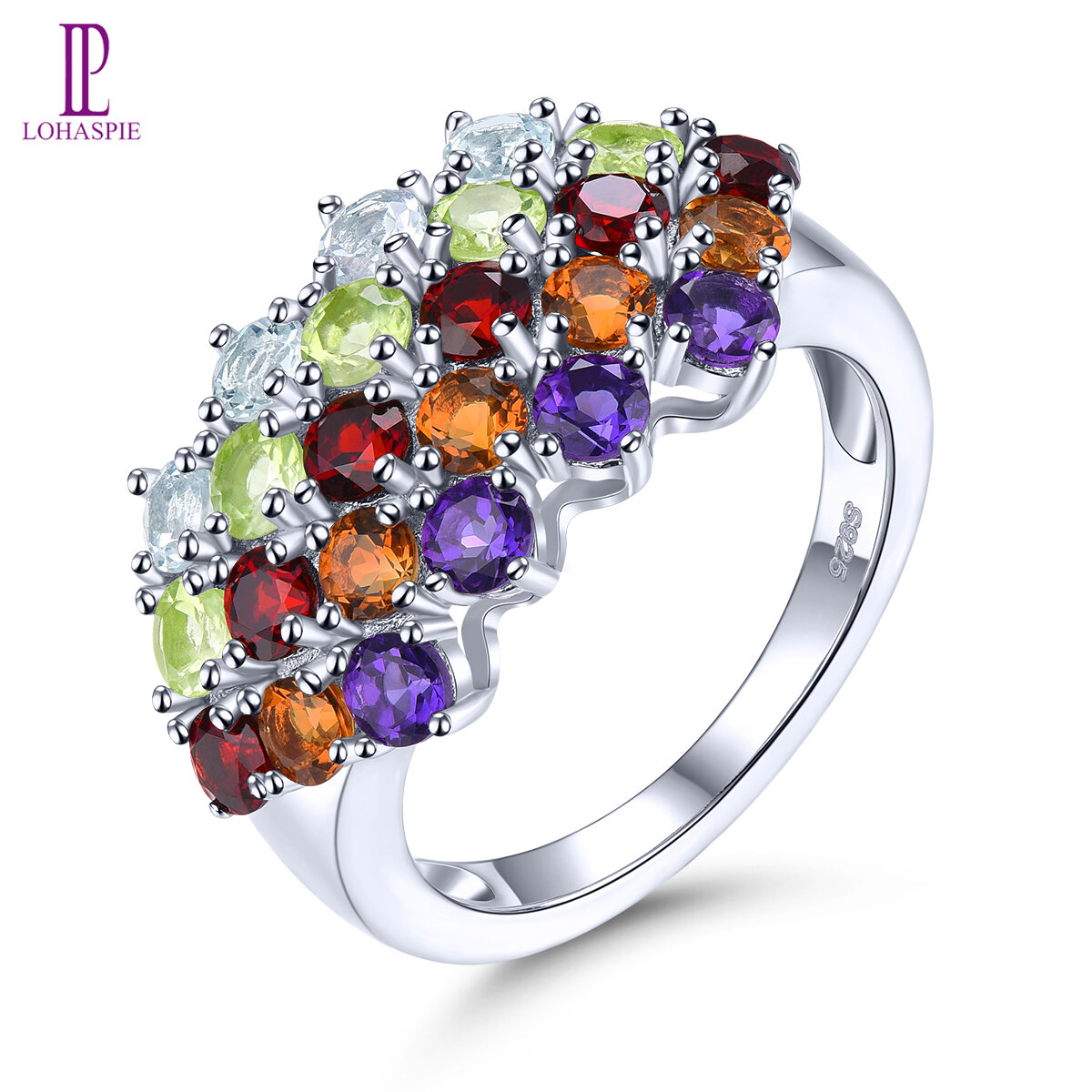 Lohaspie Jewelry Real 3 Carats 925 Silver Ring With Gemstone Natural Peridot Garnet Ring Colorful Gemstone Ring Garnet Ring For Women Jewelry Christmas Gift