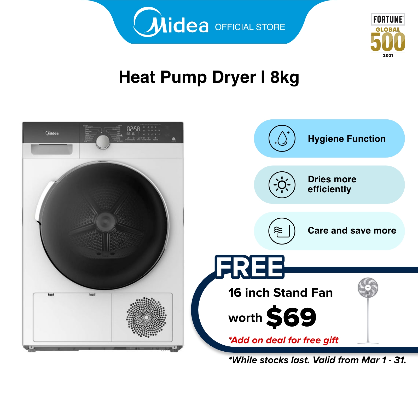 [Bulky] Midea MDK888HP White Heat Pump Dryer, 8kg, Energy Rating 5 Ticks