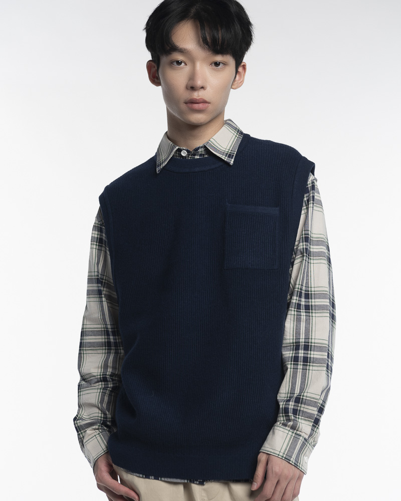 Yishion Men Knitted Round Neck Vest with Chest Pocket and Ribbed Hem (Dark Blue)