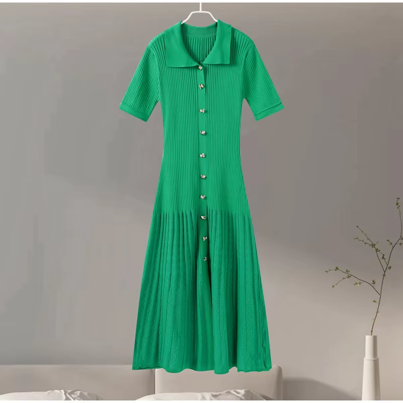 Elegant Ribbed Knitted Long Dresses Women Slim Short Sleeve Single Breasted Hip Package Dress 2024 Autumn Commuting Knitwear