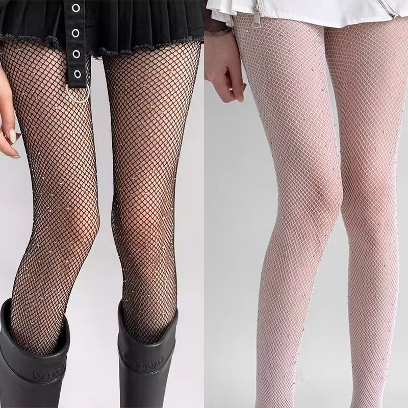 Women Sexy Rhinestone Shiny Fishnet Tights Hollow Out See Through Mesh Pantyhose JK Lori Uniform Nylon Elastic Hosiery Stockings
