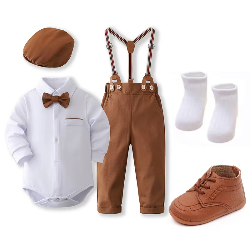 Baby Boy Romper Set Newborn Gentleman Clothes Dress Shirt Formal Infant Suit Outfits Boy Tuxedo Beret&Bowtie Shoes 0-3 3-6 Month