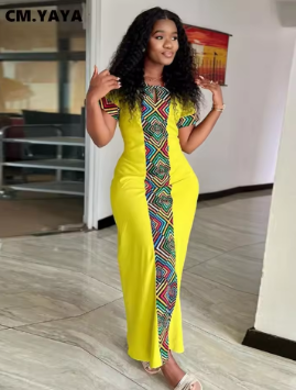 CMYAYA Women O-neck Short Sleeve Maxi Long Dress Striped Printed 2024 Summer Sexy Casual Night Club Party Street Africa Dresses
