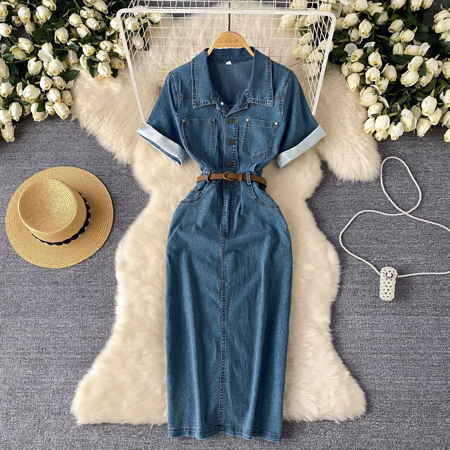 Denim Dress Women Dresses Mid Length Party Jeans Single Breasted Y2k Vestidos Short Sleeve Elegant High Waist Streetwear 2025