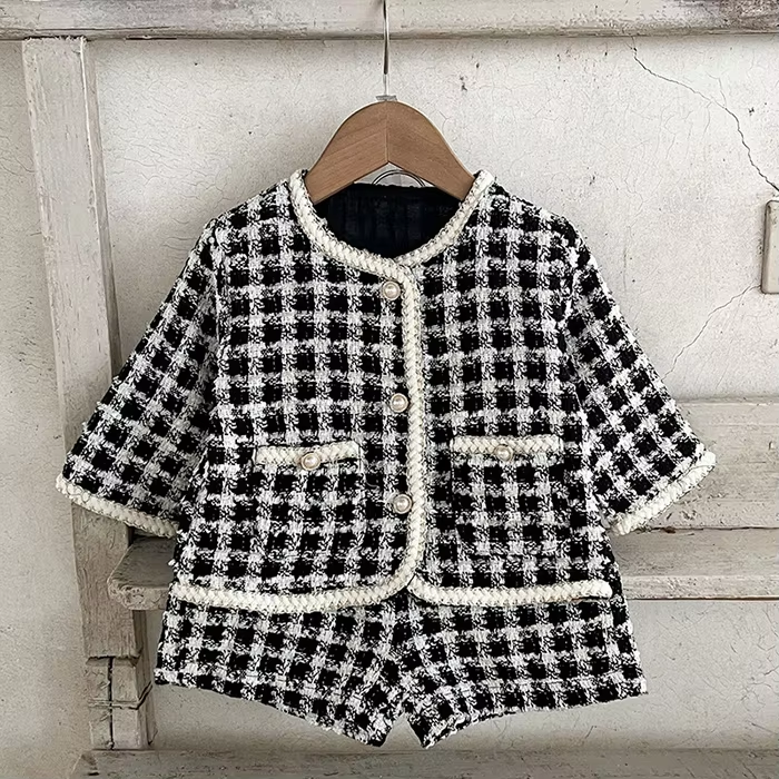 2024 New Autumn Toddler Baby Girl Clothes Suit Long Sleeves Lattice Cardigan Coat+Shorts Newborn Baby Girls Clothing Set