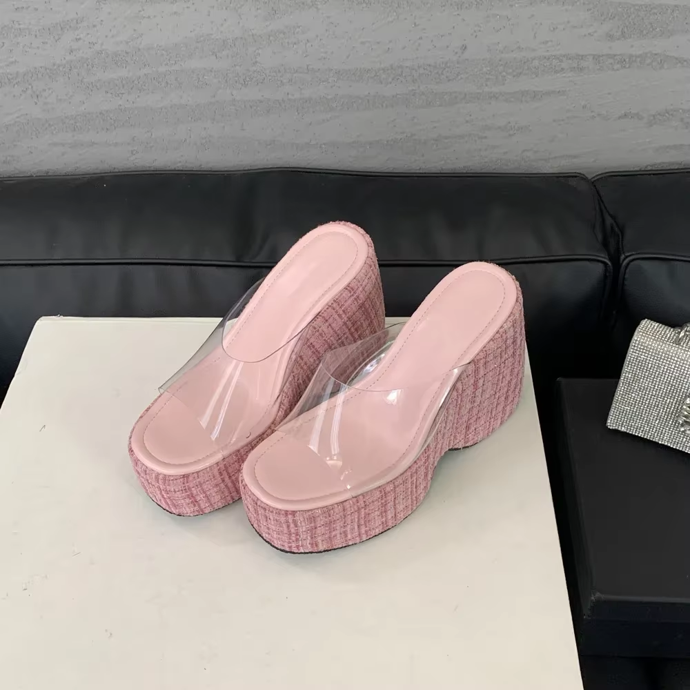 Aneikeh Bling Sexy Wedges Slippers For Women Pointed Toe Platform Rome Slip-On Black 2025 Women PVC Rome Sandals Party Shoes