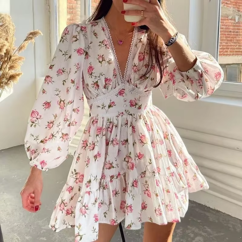 Printed V-Neck Lace Short Dress Slim Fits 2024 Summer Sexy Dress Long Sleeve Women's Sweet High Waist Sexy A-line Mini Dress