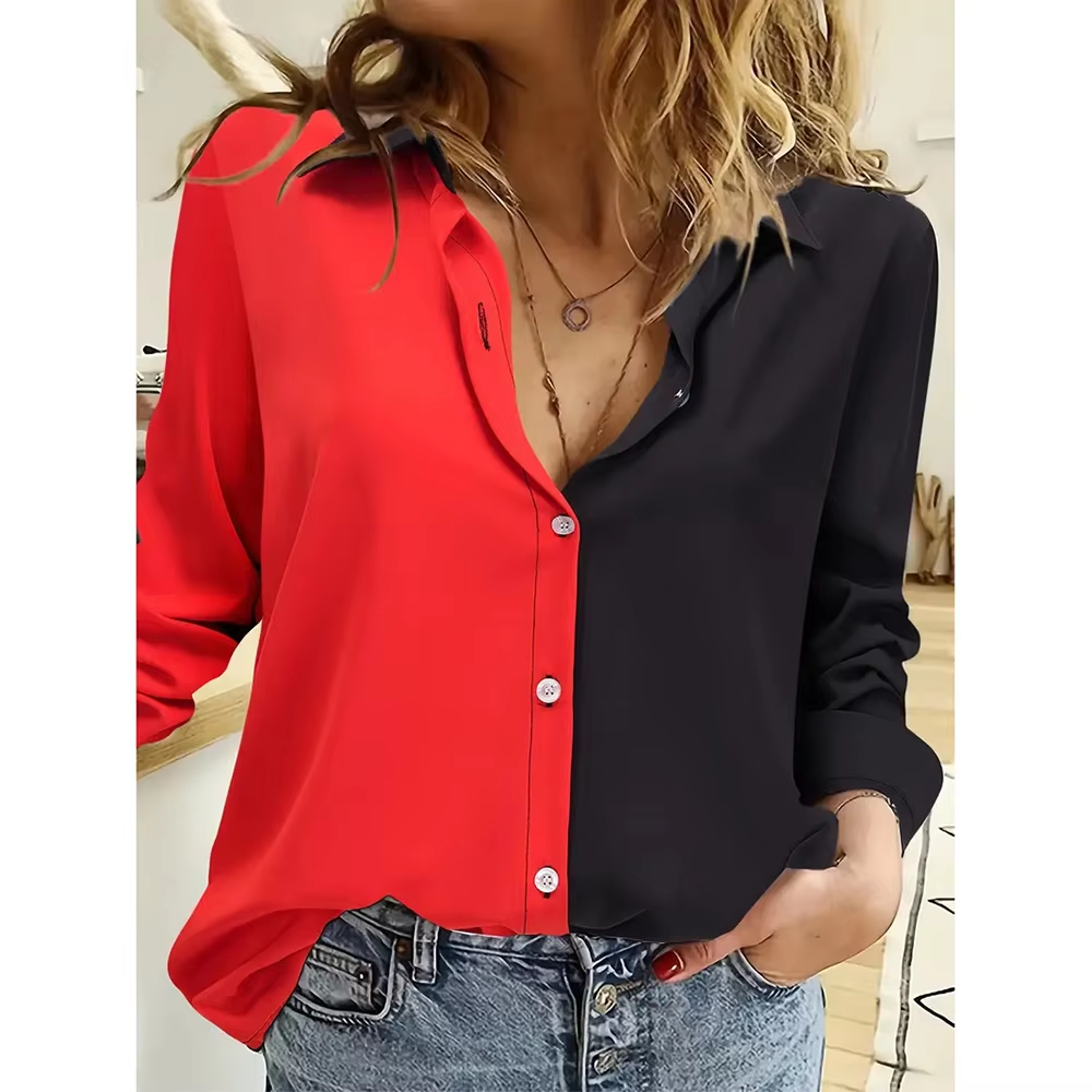 Black and Red Printed Women's Long Sleeve Shirts Fashion Single Breasted Shirts Women's Streetwear Oversized Basic Tops Autumn