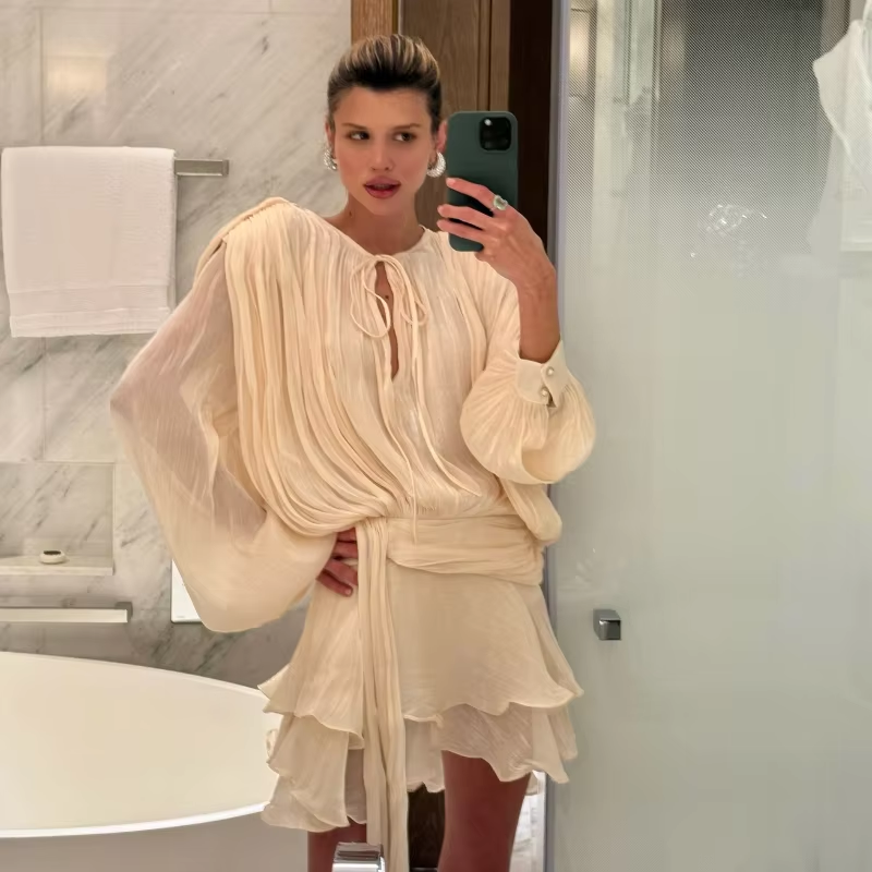 Stunning Shiny Ruffles Lace Up Mini Dress Women's Chic Loose Hollow Out A-line Pleated Vestidos Lady Summer Party Gowns 2025 New