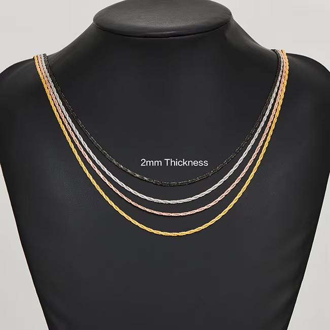 2mm Thickness Stainless Steel Flat Twisted Wave Chain Rope Necklace Gold and Rose Color for Women Girls 16 to 30 Inches