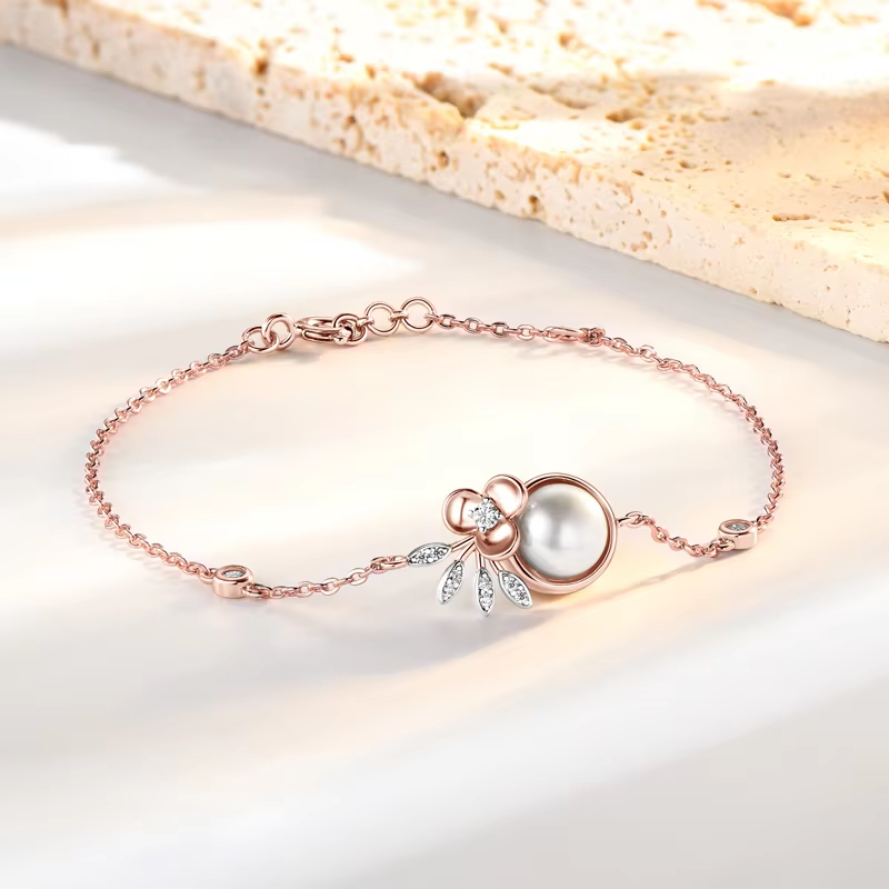 AINUOSHI 925 Sterling Silver Moissanite Bracelets 8mm Natural White Freshwater Pearl Bracelet For Women Rose Gold Jewelry Gift