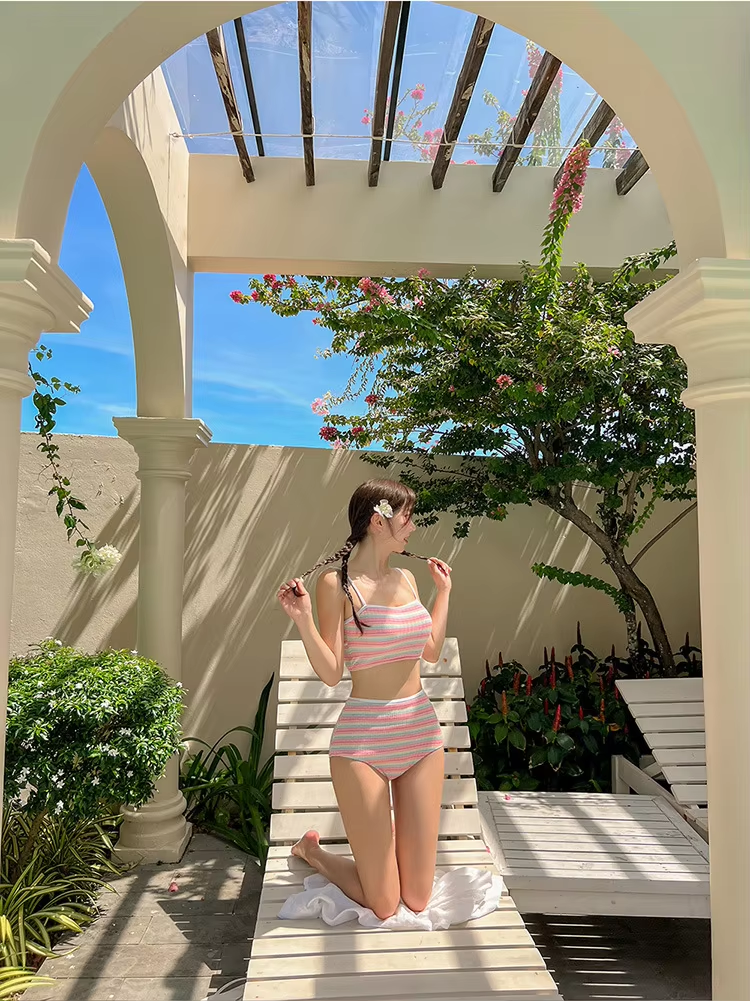 Sexy Stripe Bandeau Swimwear High Waist Bikini 2024 Women 3 Pack Swimsuits with Skirt Bathing Suit Korean Bikinis Set Beach Wear