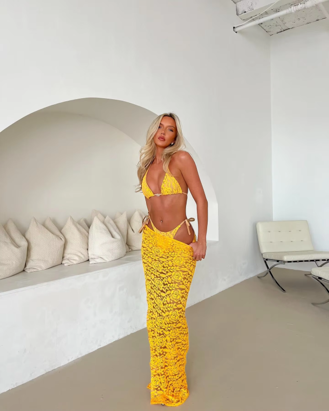 Sexy Lace 3 Pcs Bikini with Skirt Halter Women Lace Bra Swimwear Swimsuit Bathing Suit Beachwear Vacation Casual Female