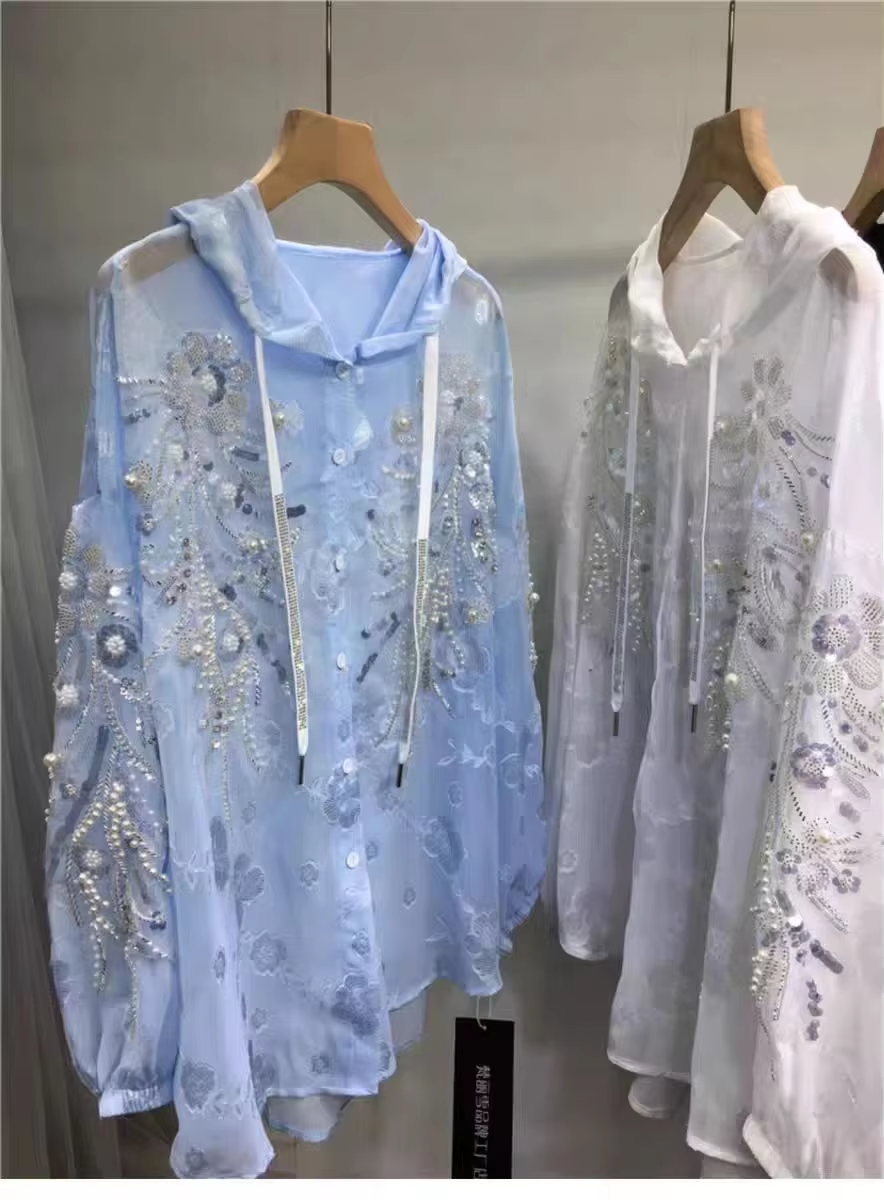 New In Sparkle Pearls Diamonds Embroidery Hooded Shirts Blouses For Women's Long Sleeve Loose Casual Sunscreen Tops Blusas