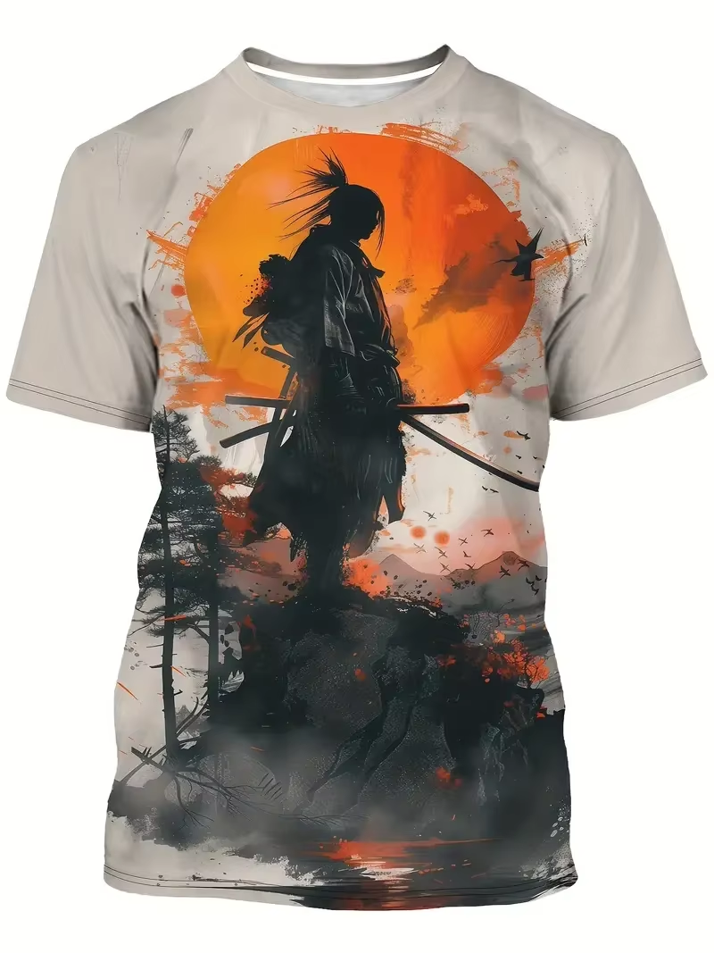 Samurai Men's T-shirt Soldier Print O Neck Short Sleeve Casual Anime Pullover Streetwear Outdoor Male Tee Top Oversized Clothing