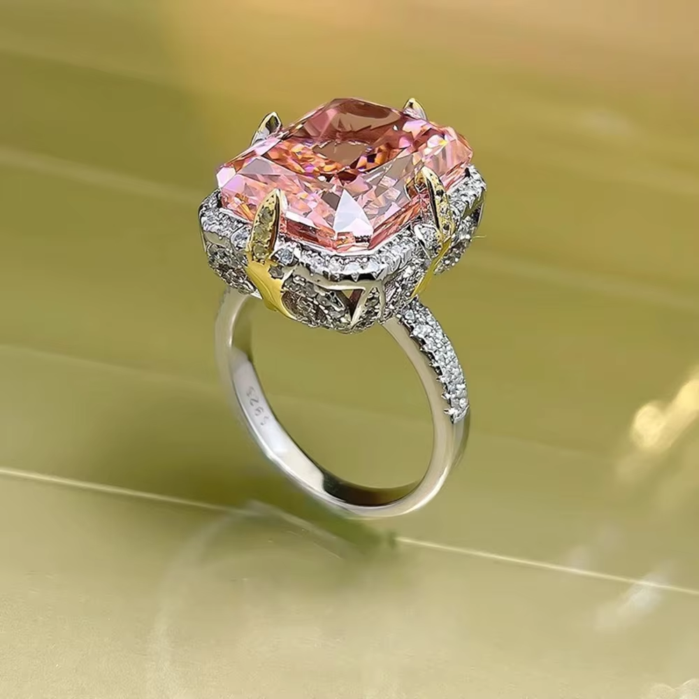 Vinregem 12*16MM 12CT Crushed Ice Cut Padparadscha High Carbon Diamond Gems 925 Sterling Silver Cocktail Party Ring Fine Jewelry