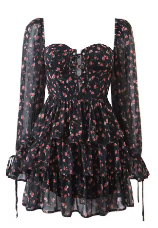 YENKYE 2022 Fashion Women Vintage Floral Print Chiffon Dress Sexy Semi-Sheer Long Sleeve Layered Ruffle Ladies Short Dress