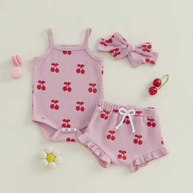 Infant Baby Girls Outfits Sleeveless Cherry Print Romper Shorts Pants Headband 3PCS Newborn Girl Summer Clothes Set