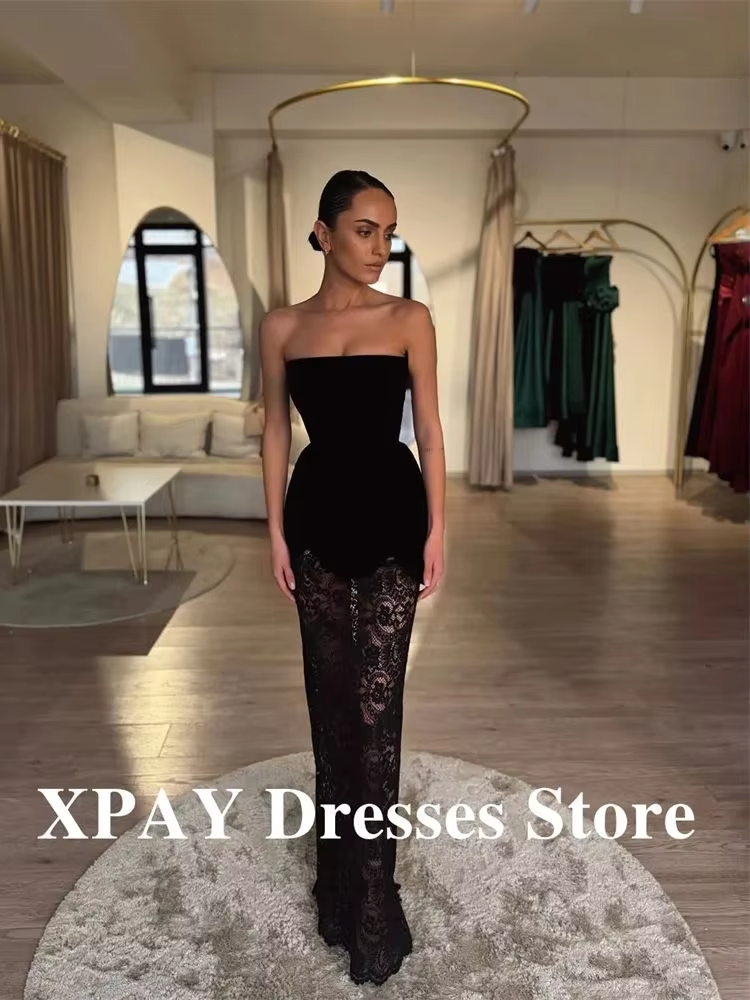 XPAY Modern Black Long Evening Dresses Velvet Top Lace Skirt Dubai Arabic Women Formal Prom Gowns Party Wedding Dress Customized