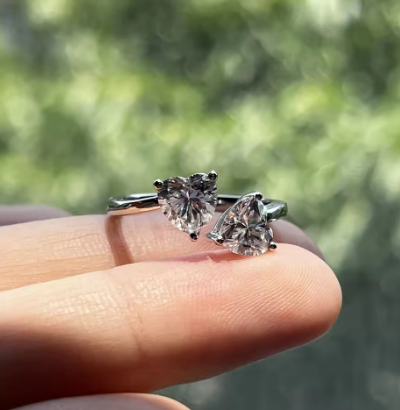 AnuJewel 2 Carat D Color Heart Moissanite Anti-Stress Ring 925 Sterling Silver Two Stone Engagement Wedding Women's Ring