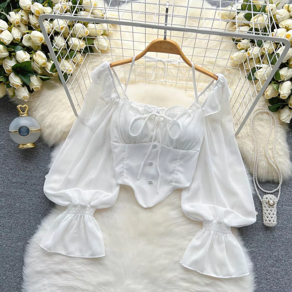 SINGREINY Flare Sleeve Women Tops Ruffle Solid Elastic Waist Halter Backless Chiffon Slim Ladies Harajuku Sexy Short Blouse