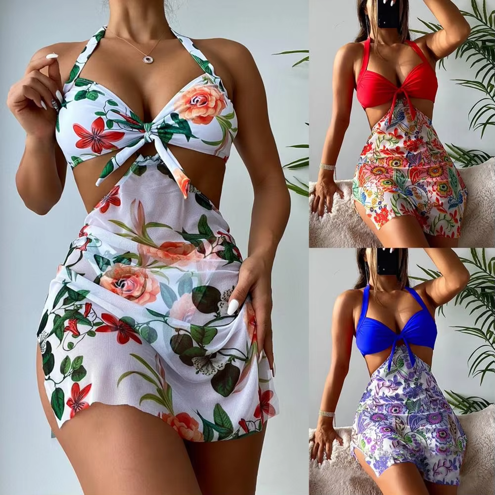 3Pcs/Set Women Swimwear Halter With Skirt Push Up Swim Pool Matching Sexy High Waist Thong Bikinis Set Water Sports Accessory