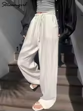 White Cotton Linen Pants Women Wide Leg Basic Summer Trousers Cotton Thin High Waist Loose Straight Women Pants Summer 2025