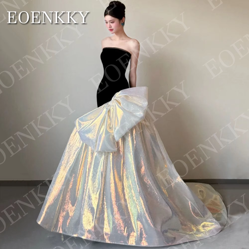 EOENKKY Sleeveless Mermaid Prom Dresses Black Elegant Strapless Velvet Oversized Bow Wedding Party Dress Customized Woman 행사드레스