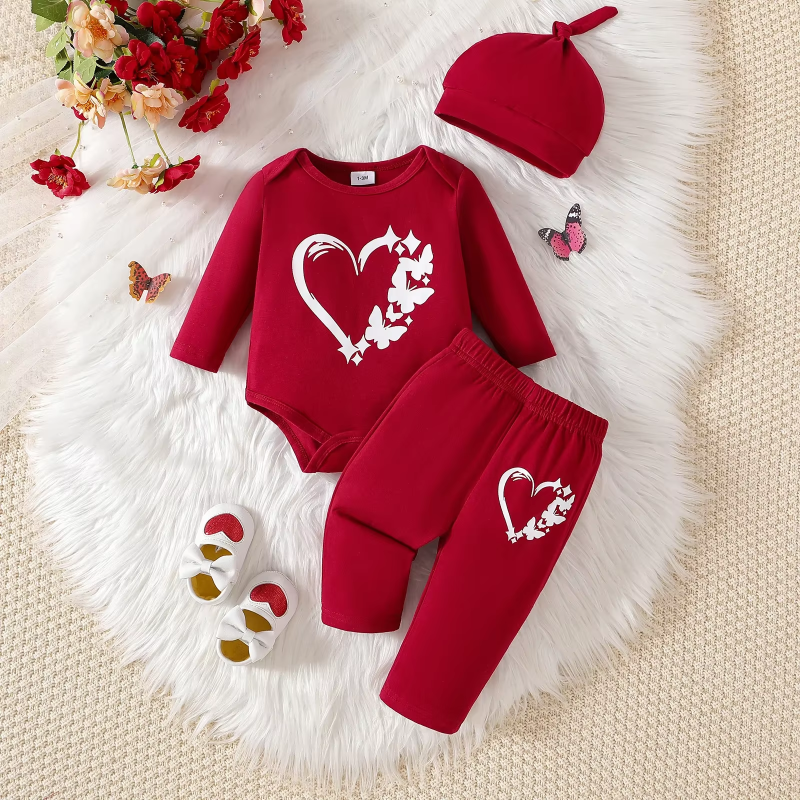 Kid Newborn Girl Cotton Love Print Long Sleeve Top and Solid Color Pants Cute Hat Outfit Toddler Infant Clothing Set