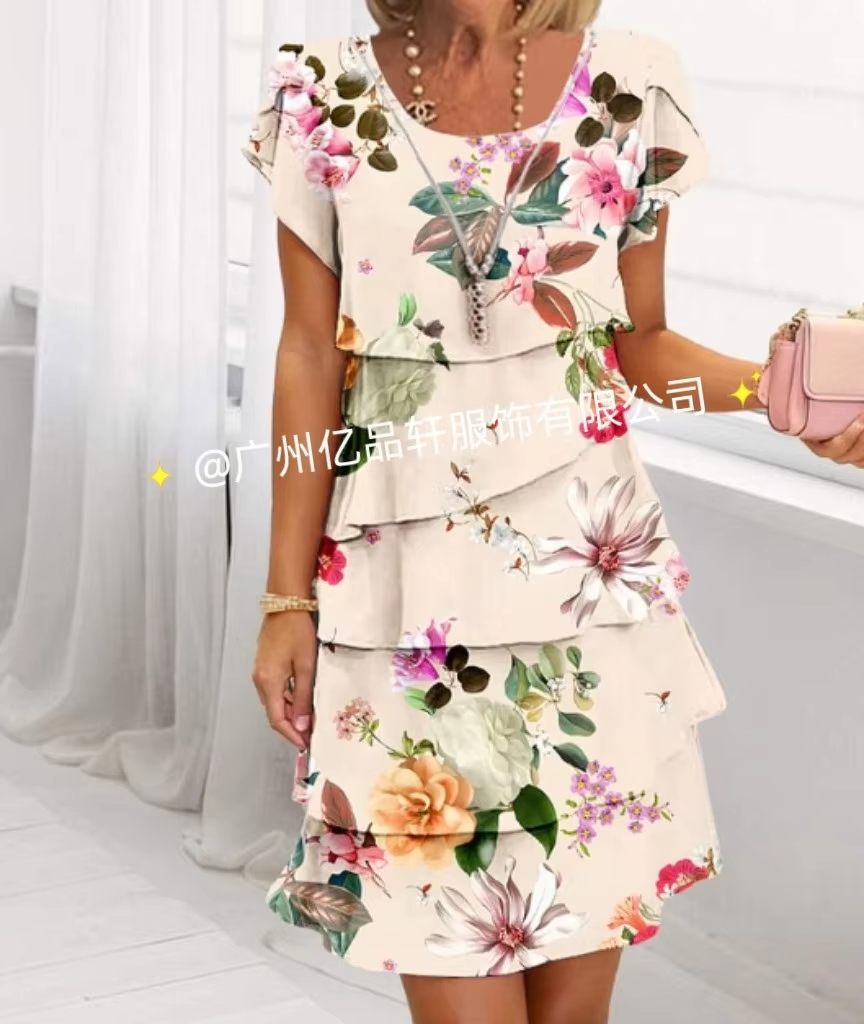 Summer Irregular Women Dress Printed Foreign Style Floral Chiffon Short Sleeves 2025 Trendy Contrast Patchwork Chic Slim Outfits