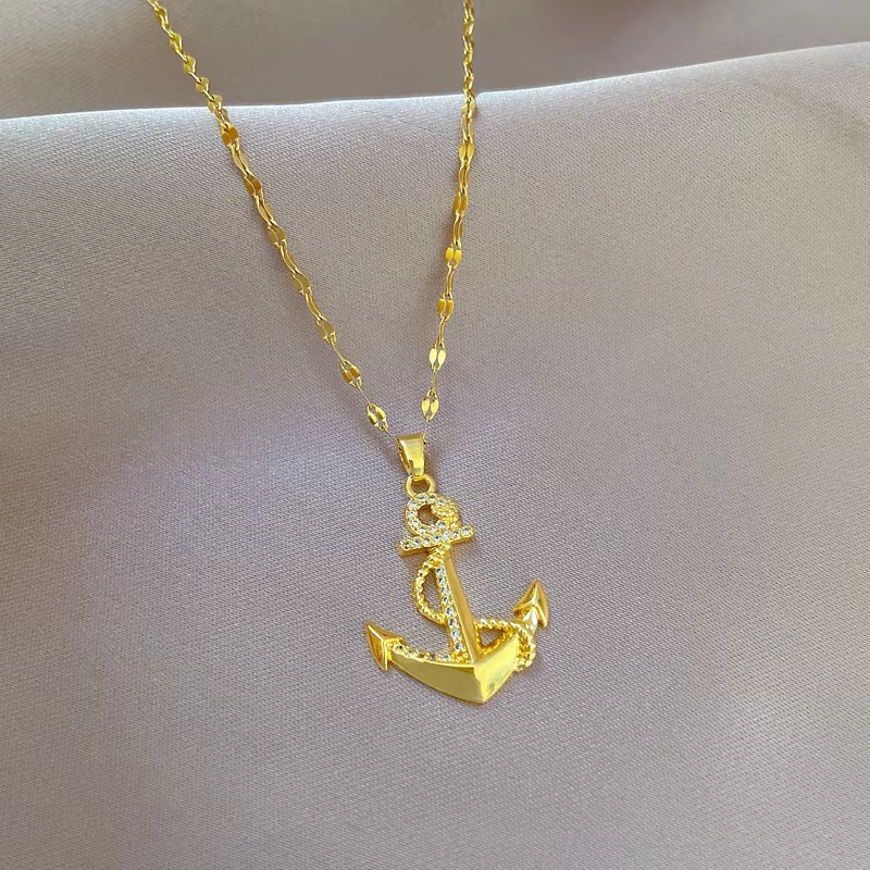 DIEYURO 316L Stainless Steel Golden Zircon Ship's Anchor Pendant Necklace For Women Trend Clavicle Chain Jewelry Holiday Gift