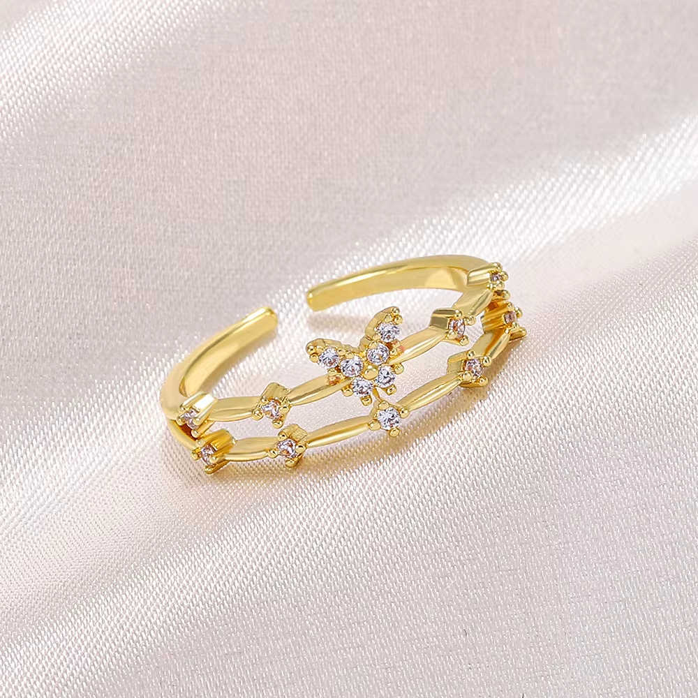 New Double Layer Zircon Butterfly Open Rings For Women Gold Color Silver Color Adjustable Ring Femme Exquisite Jewelry