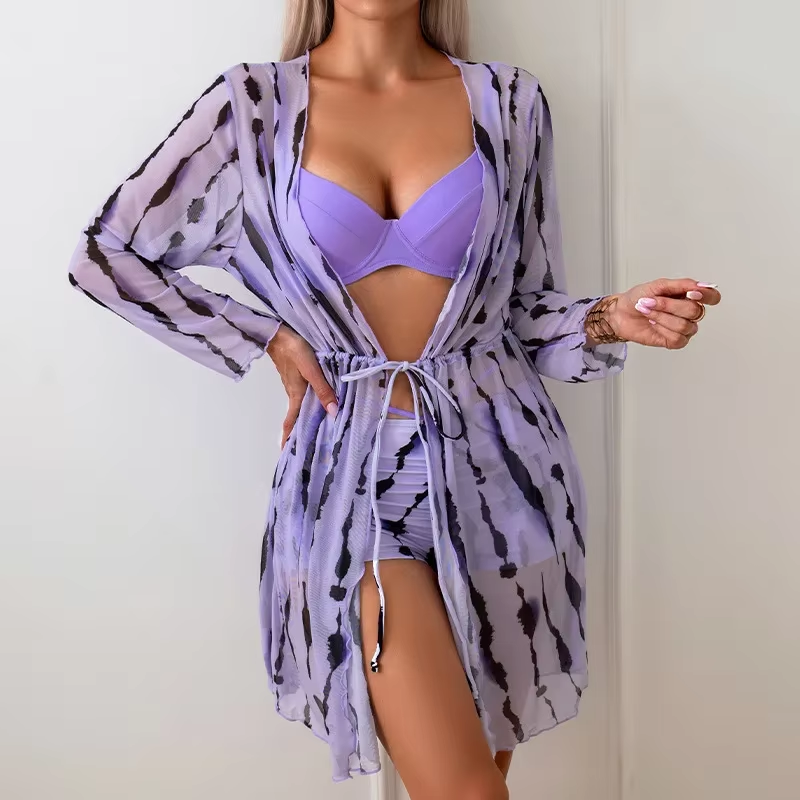 Women 3 Pack Print High Waist Bikini Sets Purple Swimsuit&Kimono Cover Ups Swimsuit Female Swimwear Push Up Beach Bathing Suits