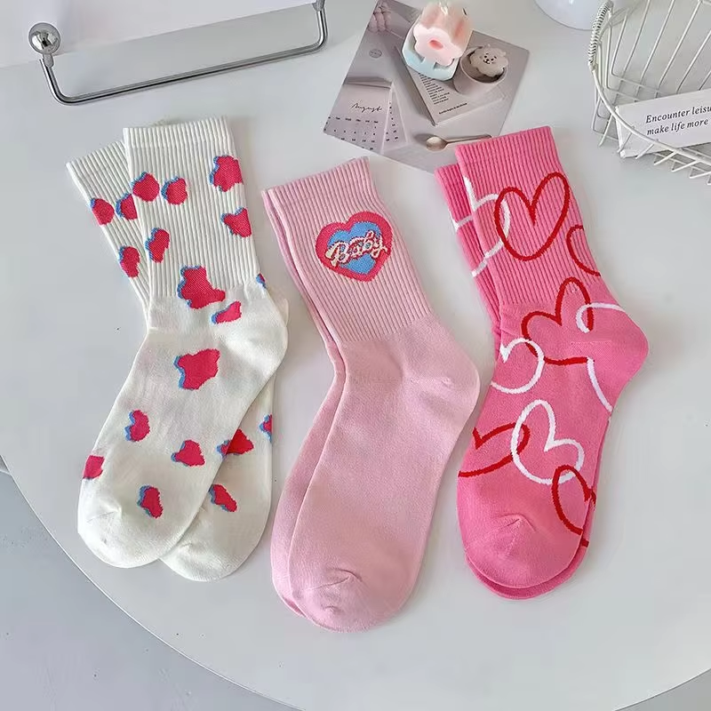 kpop Pink Series Women Long Socks Autumn Cotton Middle Tube Sock Y2K Harajuku Love Heart Female Stockings JK Girls Sokken Sox