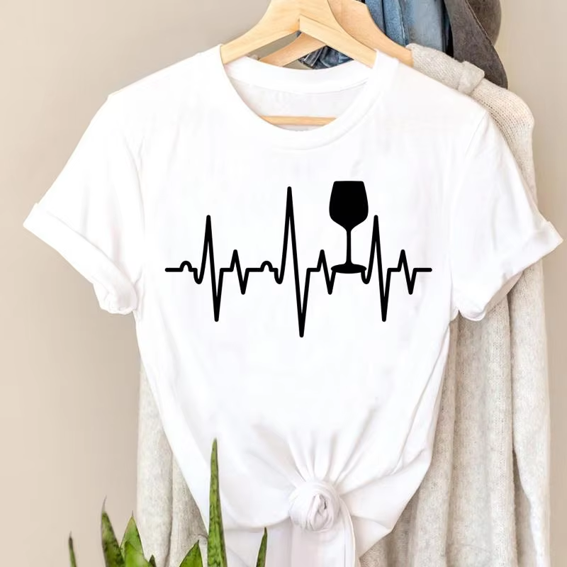 T-shirts Tee Fashion Trend Short Sleeve Women Ladies Tshirt Top Wine Style Trend Printing Lady Print Travel Graphic T-Shirt