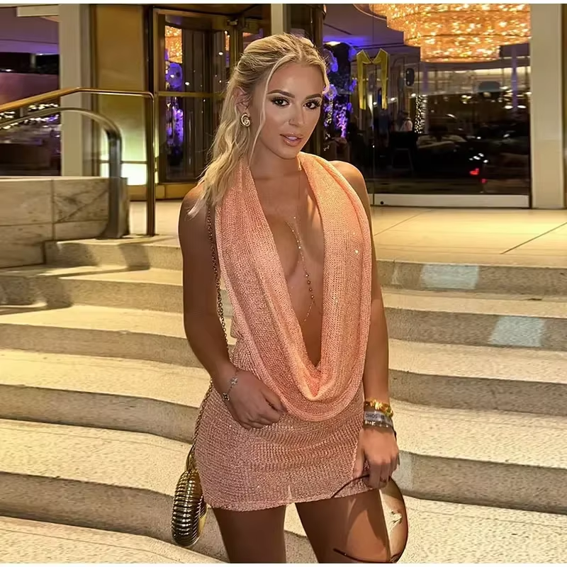 Sexy Sequin Halter Short Dress Women Backless Sleeveless Hip Package Party Dresses Female 2025 Summer Chic Night Club Robe Lady