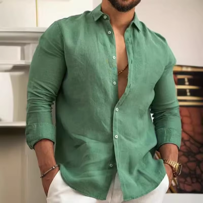 Men's Shirt Vintage Cotton And Linen Solid Color Youth Casual Button-Down Plus Size Shirts Business Social Shirt Male Blouse